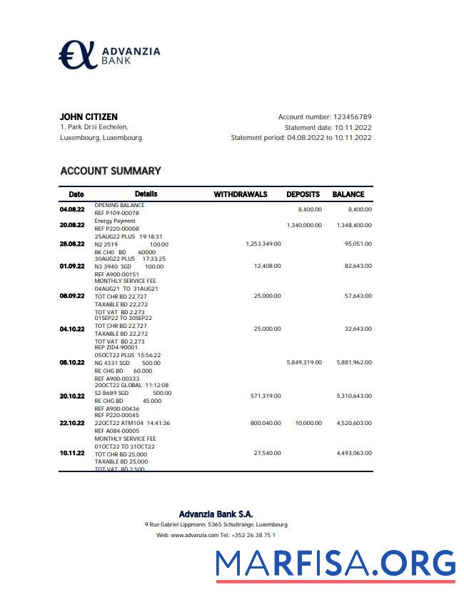 Blank Luxembourg Advanzia Bank statement excel template